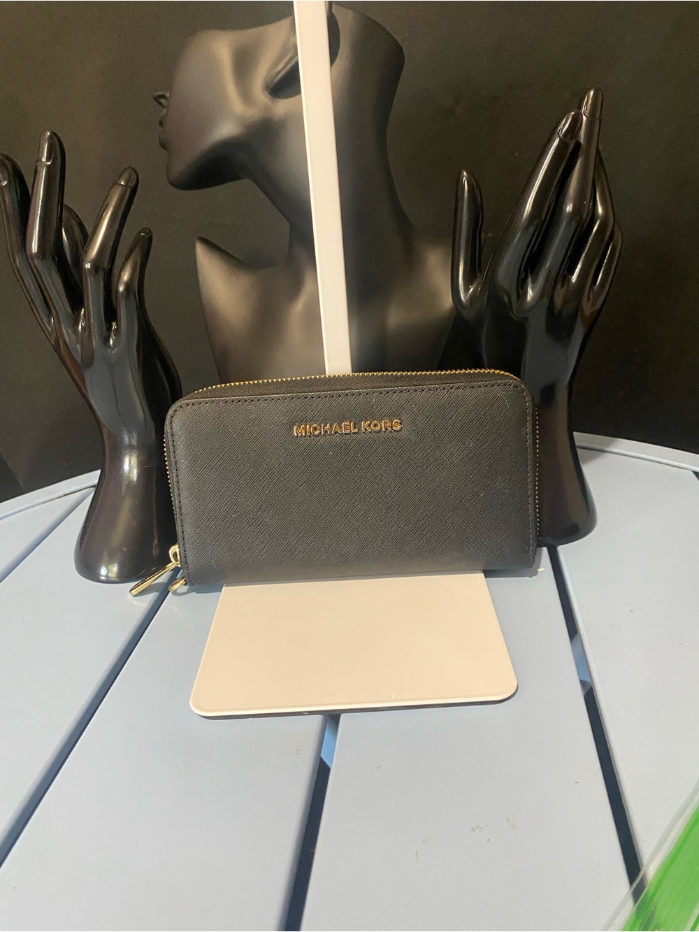 Michael Kors Women's Black Leather Gold Hardware Wallet Clutch Zip Around